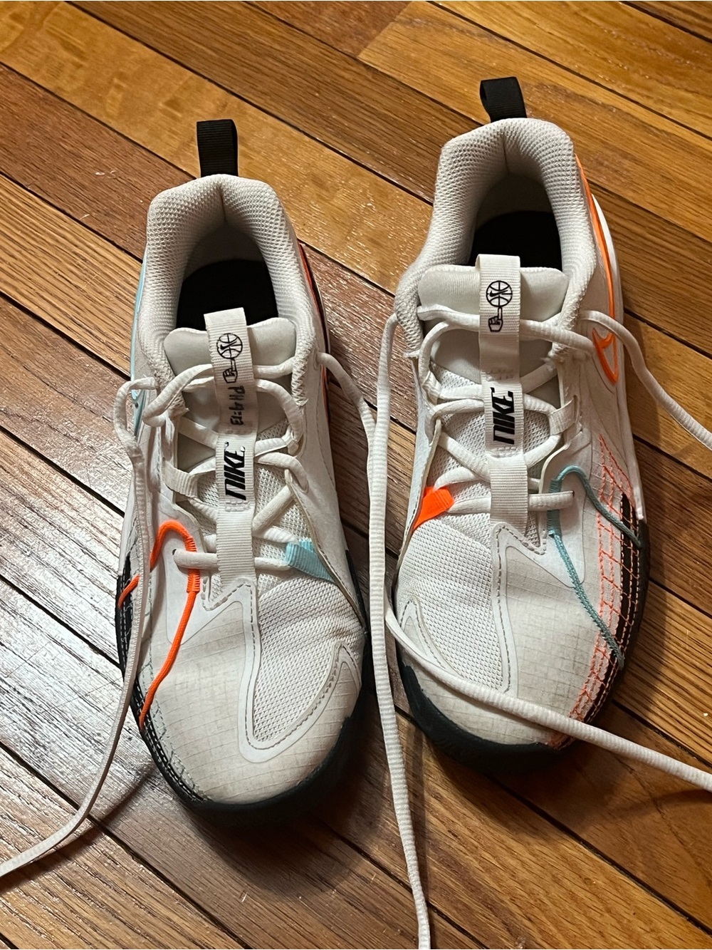 Nike Kids White Sneakers with Orange and Teal Accents - only used for basketball